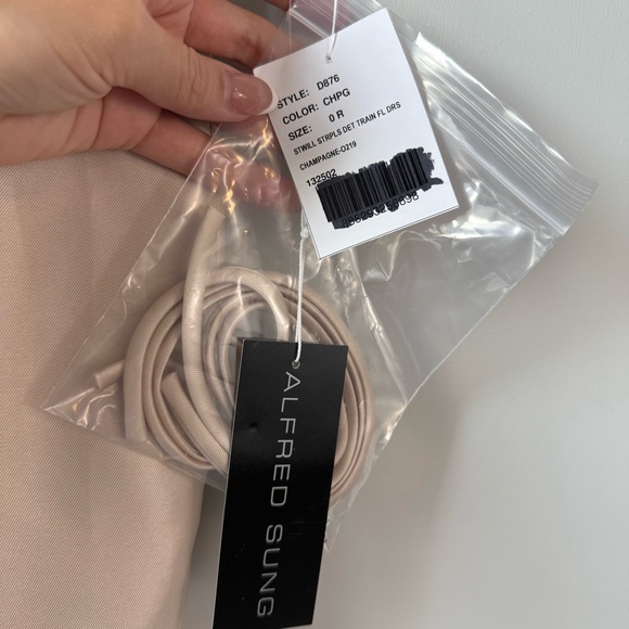 Alfred Sung D876 Strapless Gown Removable Watteau Train Champagne 0 - Picture 3 of 8